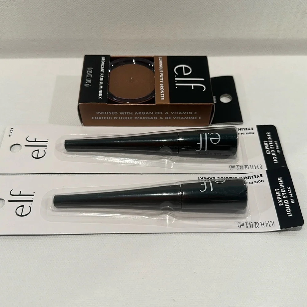E.L.F Makeup bundle of 2 Liquid Eyeliners and 1Luminous Putty Bronzer w/Argan.